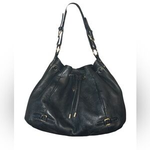 MCM Visetos Leather Drawstring Bucket Shoulder Bag.